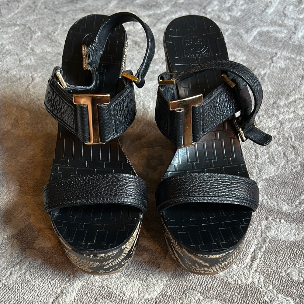 Tory Burch Black and Gold Platform Sandals